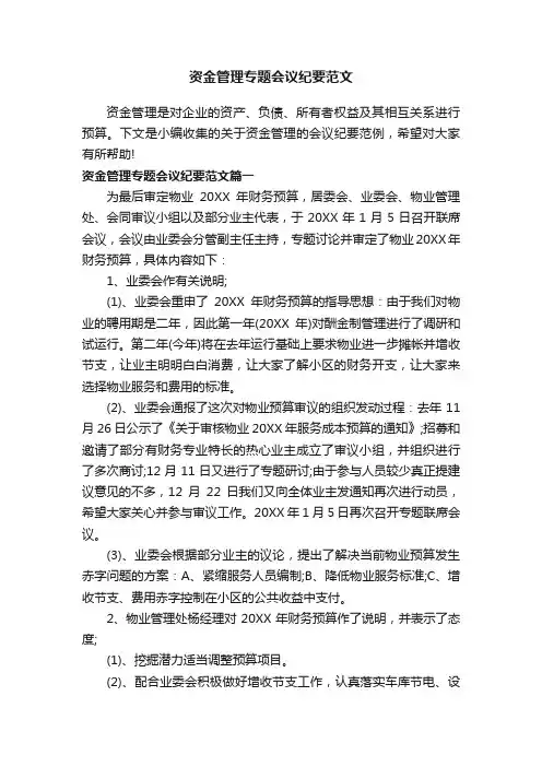 资金管理专题会议纪要范文