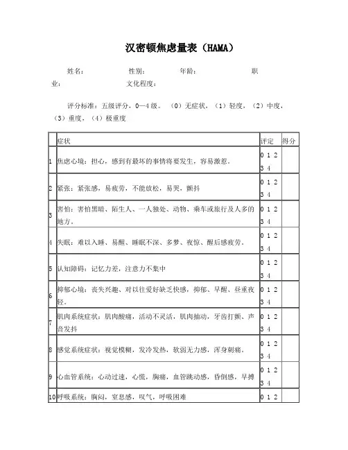 汉密顿焦虑量表(HAMA)