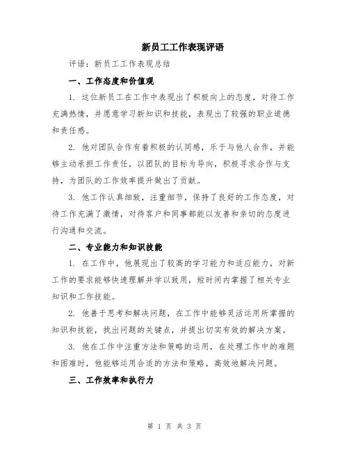新员工工作表现评语