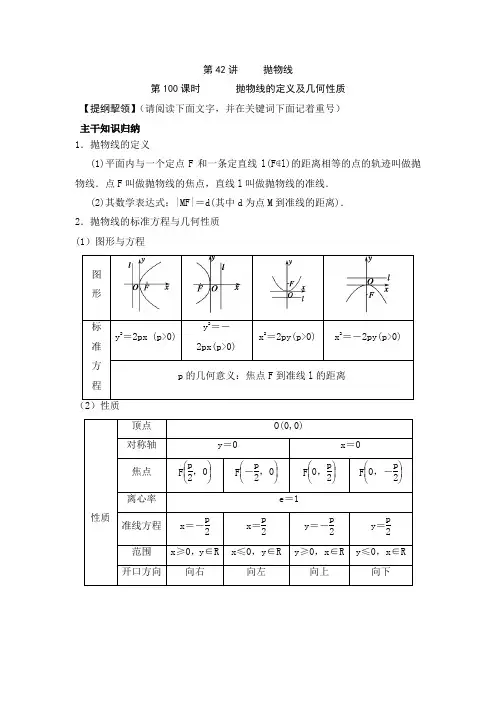 高三第一轮复习 抛物线的定义及几何性质