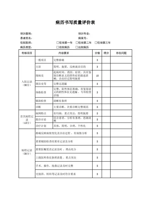 病历书写质量评价表