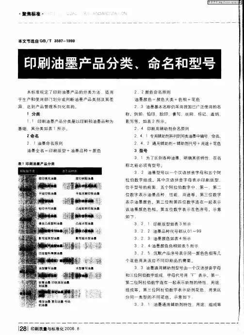 印刷油墨产品分类、命名和型号