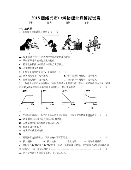 2018届绍兴市中考物理全真模拟试卷