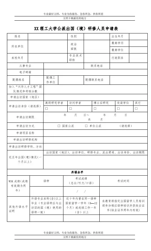 XX理工大学公派出国(境)研修人员申请表