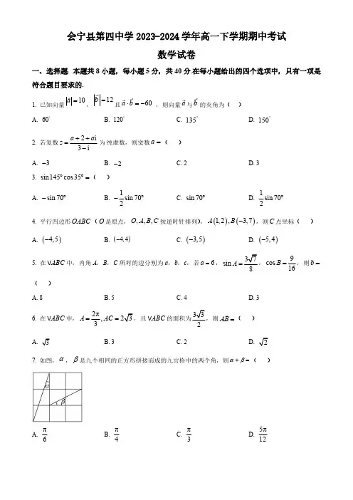 甘肃省白银市会宁县第四中学2023-2024学年高一下学期期中考试数学试题(含答案)