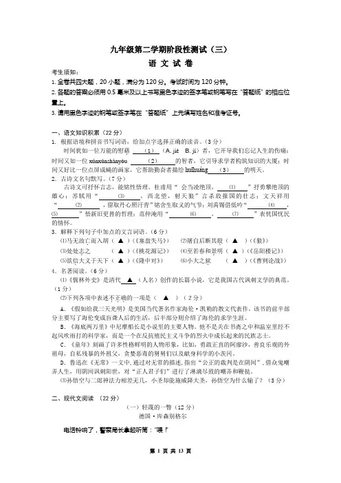 九年级第二学期阶段性测试(三)语文试卷(有答案)