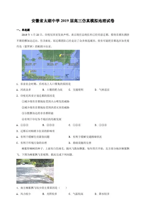 安徽省太湖中学2019届高三仿真高考模拟地理试卷(含答案)