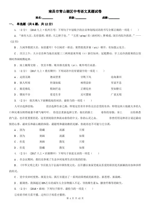 南昌市青山湖区中考语文真题试卷