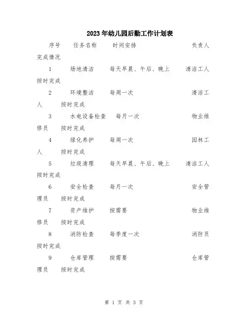 2023年幼儿园后勤工作计划表