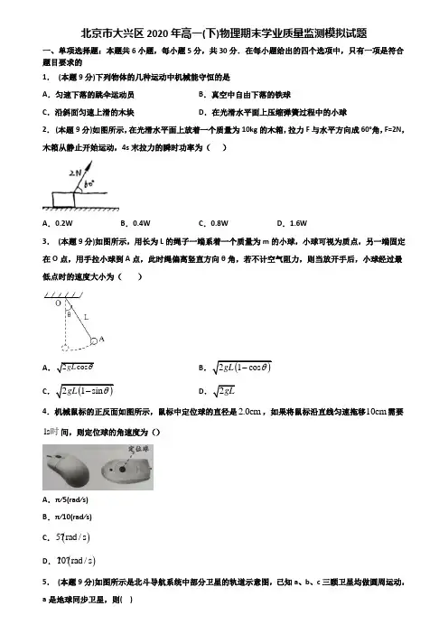北京市大兴区2020年高一(下)物理期末学业质量监测模拟试题含解析