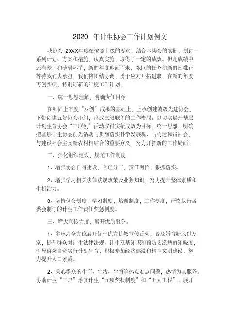 2020年计生协会工作计划例文