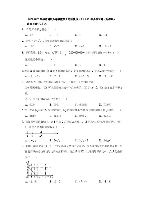 2022-2023学年苏科版八年级数学上册阶段性(3-1-6-6)综合练习题(附答案)