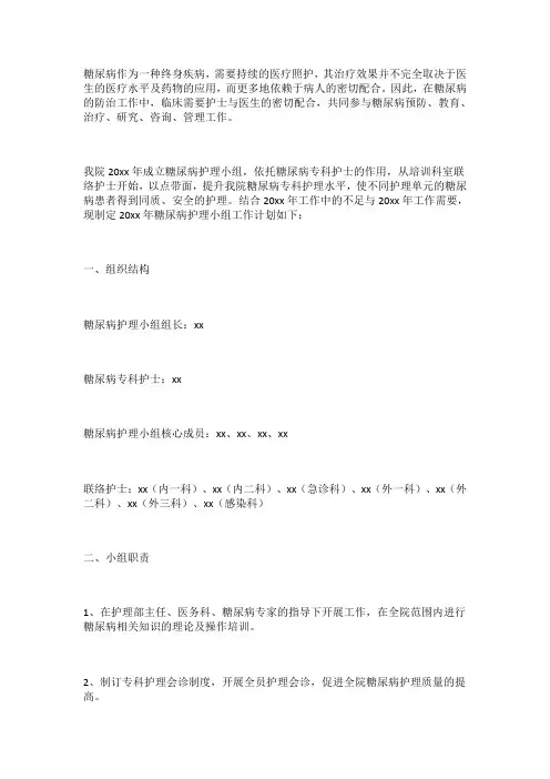 糖尿病专科护理小组工作计划模板