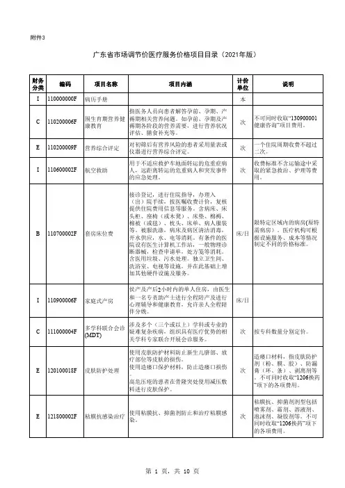 最新：2021版广东省市场调节价医疗服务价格项目目录