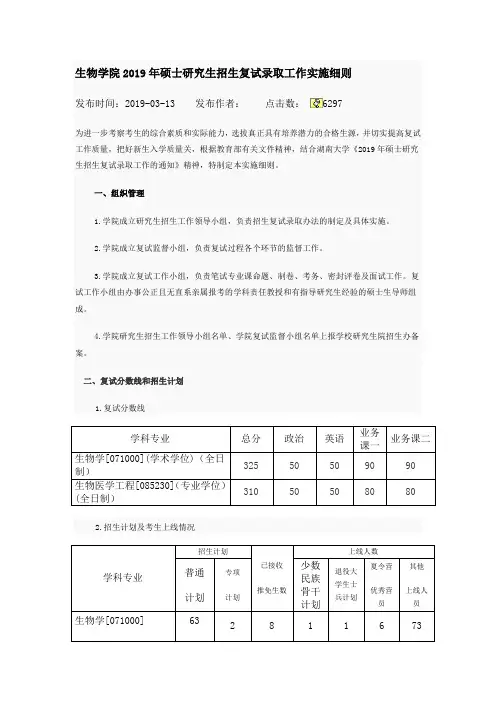 2019年湖南大学生物学院复试方案