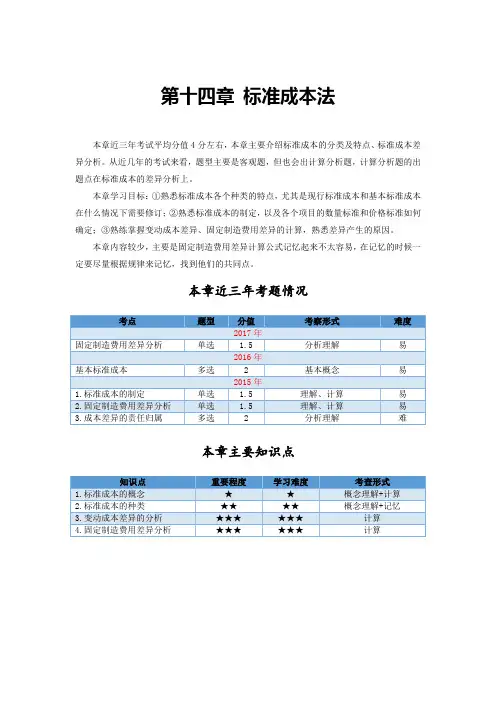 注会第十四章标准成本法章节备考攻略