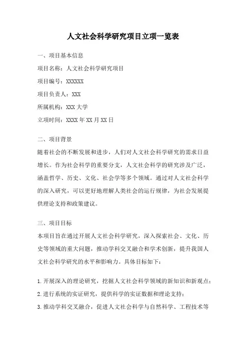人文社会科学研究项目立项一览表