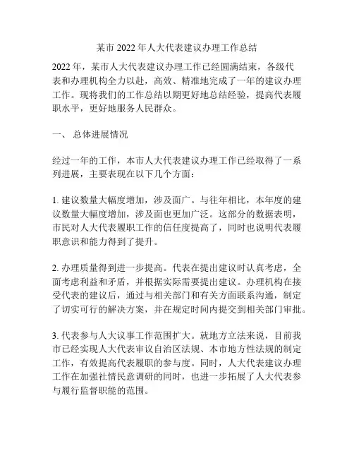 某市2022年人大代表建议办理工作总结