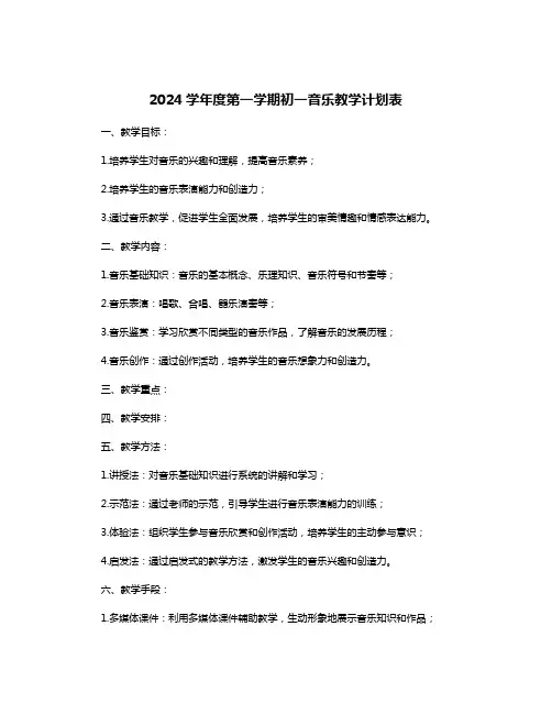 2024学年度第一学期初一音乐教学计划表