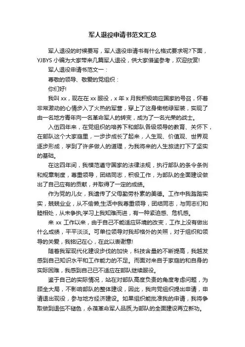 军人退役申请书范文汇总