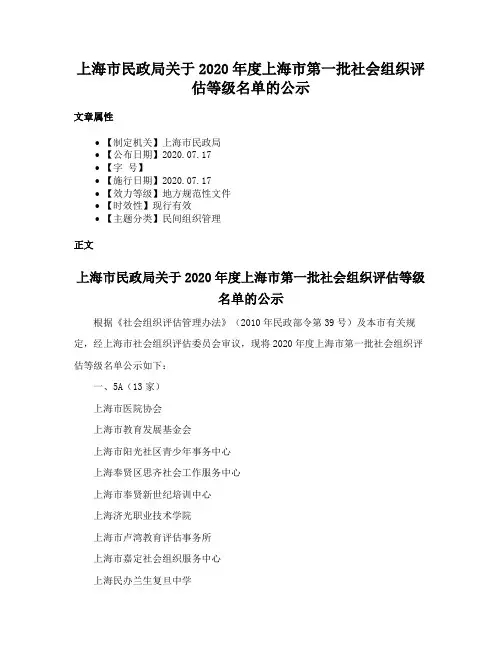 上海市民政局关于2020年度上海市第一批社会组织评估等级名单的公示