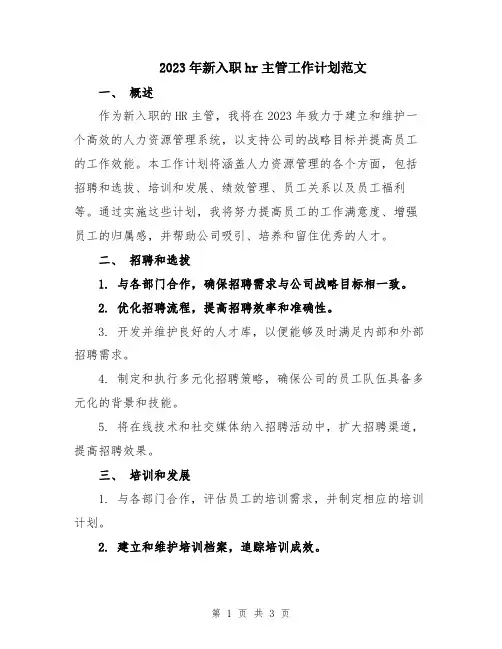 2023年新入职hr主管工作计划范文