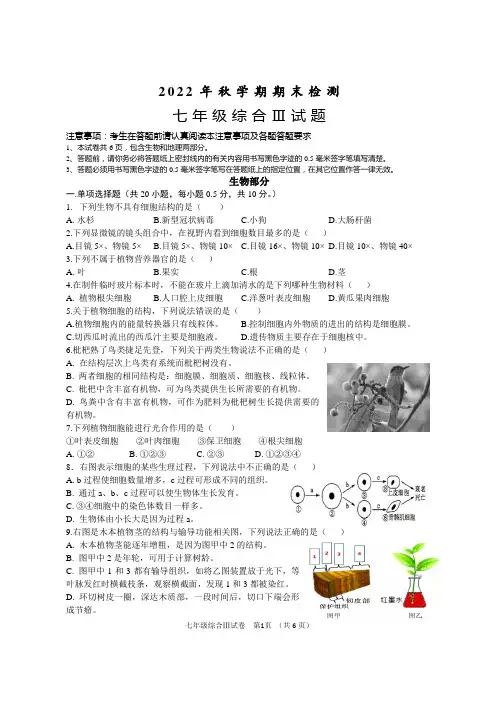 江苏省盐城市大丰区2022-2023学年七年级上学期期末检测生物试题