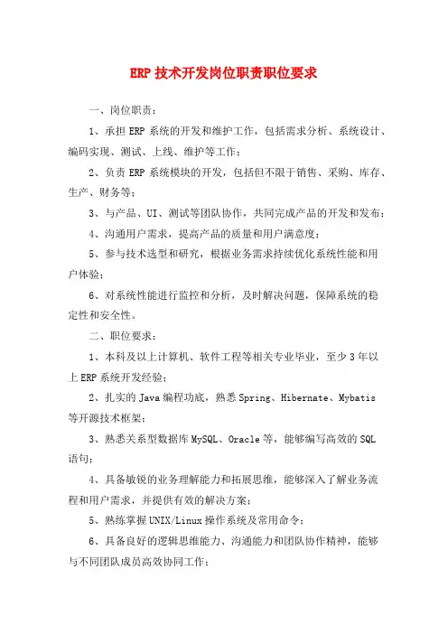 ERP技术开发岗位职责职位要求