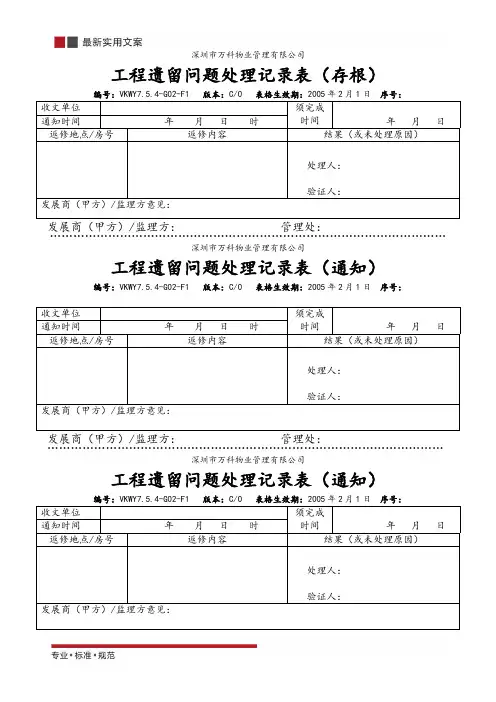 工程遗留问题处理记录表(标准范本)