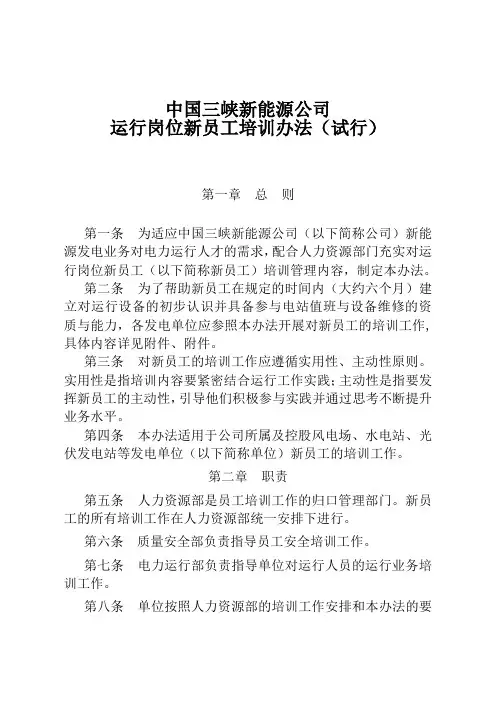 新能源公司运行岗位新员工培训办法