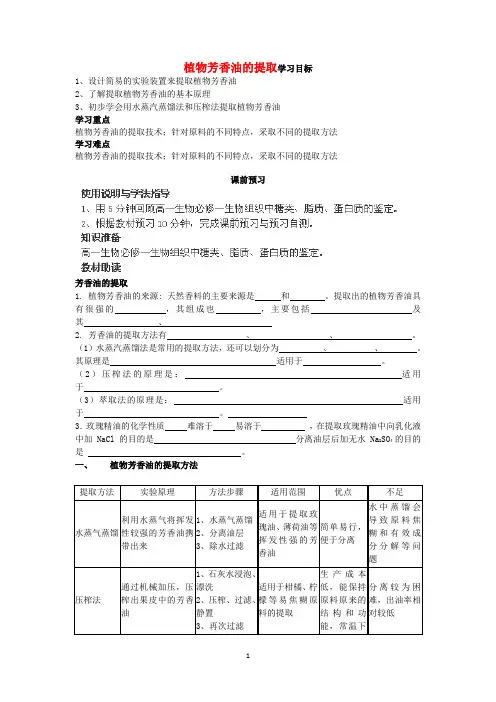 高二生物(新人教版选修1)学案：课题1《植物芳香油的提取》