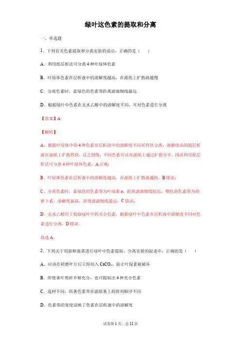 专题09 绿叶中色素的提取和分离-备战2021年高考实验专题强化训练(解析版)