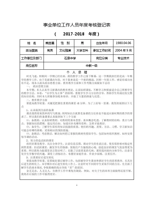 (附件1)事业单位工作人员年度考核登记表