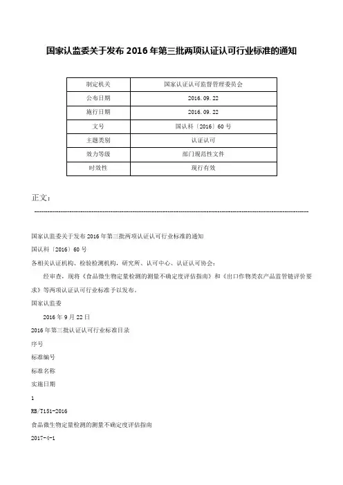 国家认监委关于发布2016年第三批两项认证认可行业标准的通知-国认科〔2016〕60号