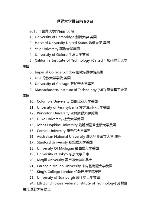 世界大学排名前50名