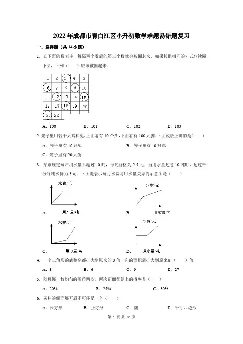 2022年成都市青白江区小升初数学难题易错题复习附答案解析