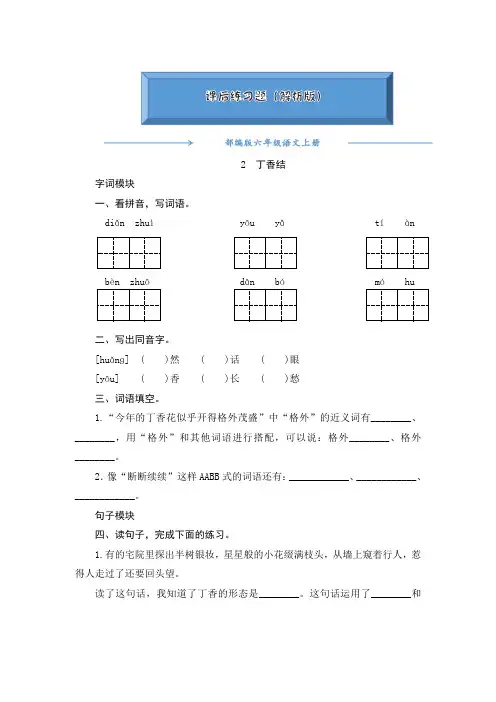 部编版六年级语文上册《2《丁香结》》一课一练(word版附答案)