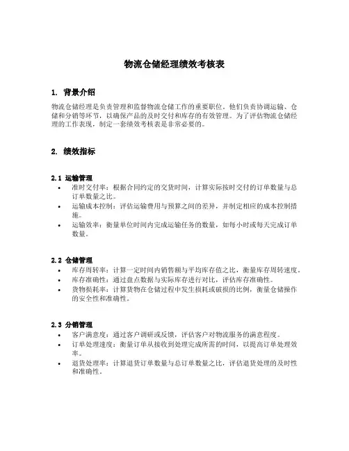 物流仓储经理绩效考核表
