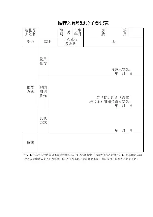 推荐入党登记表及填写模版