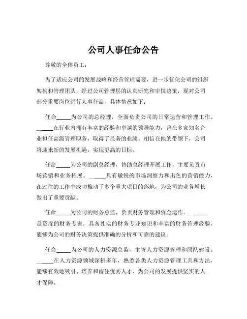 公司人事任命公告