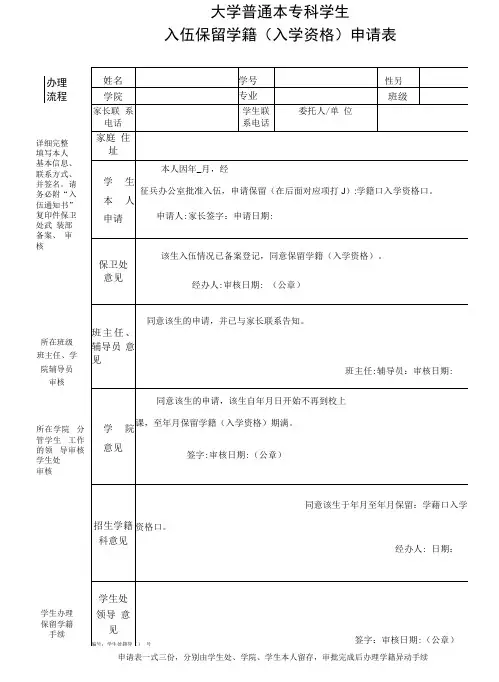 入伍保留学籍(入学资格)申请表