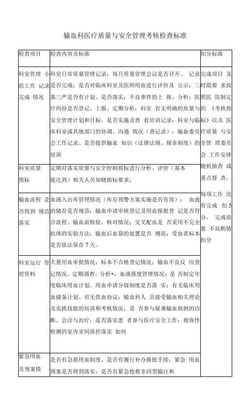 输血科医疗质量与安全管理考核检查标准