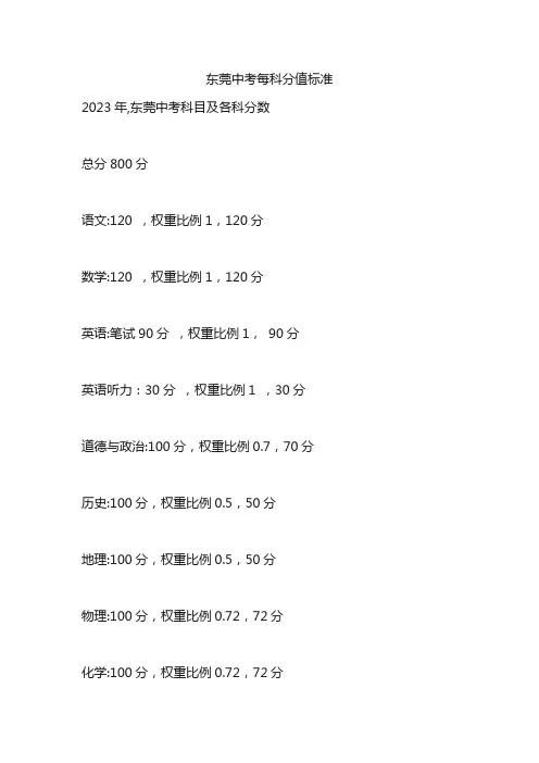 东莞中考每科分值标准