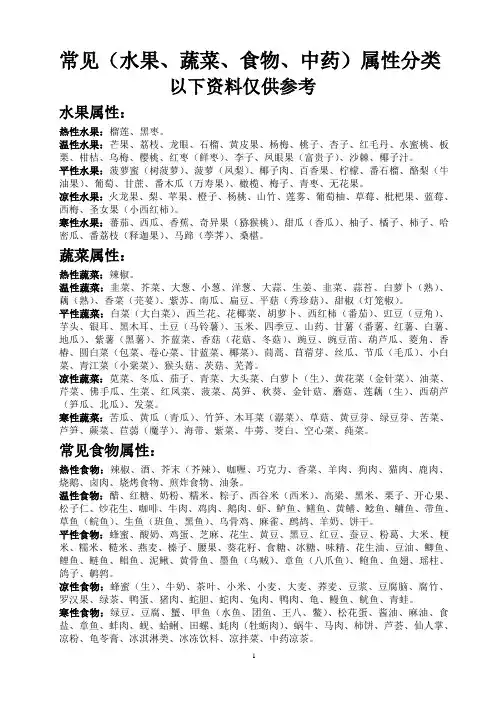 常见(水果、蔬菜、食物、中药)属性分类