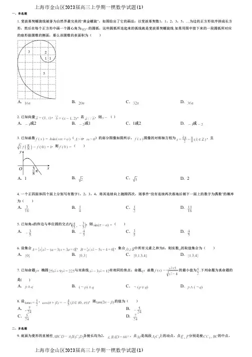 上海市金山区2023届高三上学期一模数学试题(1)
