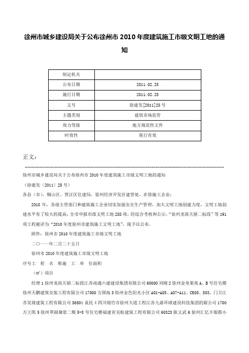 徐州市城乡建设局关于公布徐州市2010年度建筑施工市级文明工地的通知-徐建发[2011]25号
