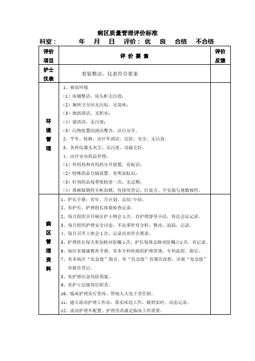 病区质量管理评价标准
