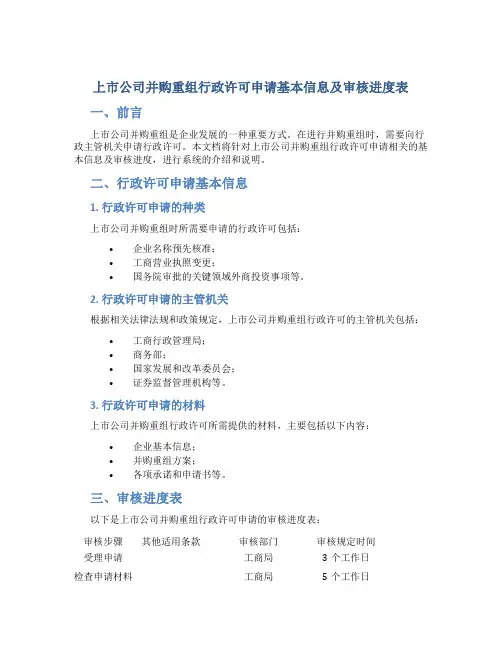 上市公司并购重组行政许可申请基本信息及审核进度表