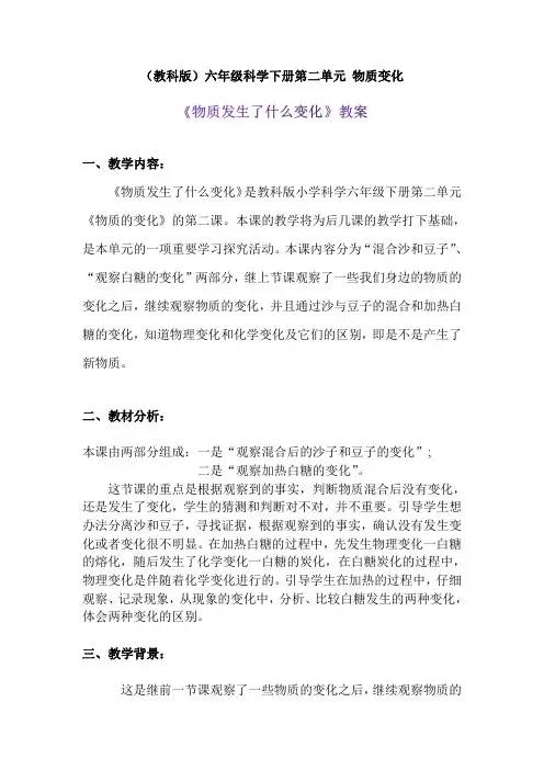 2020年教科版六年级下册科学《物质发生了什么变化》教案 附反思含板书 【共两套教案】