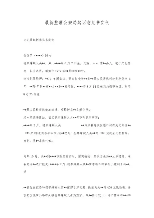 最新整理公安局起诉意见书实例.docx